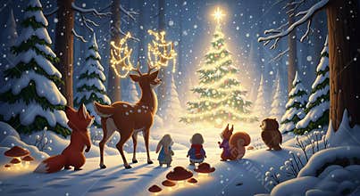Woodland animals gather around glowing christmas tree in snowy forest at night. concept of festive holiday scene, winter