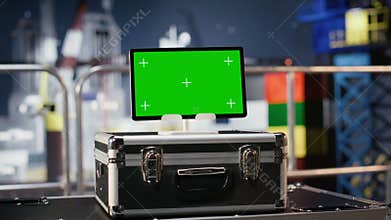 Chroma key display on empty offshore oil platform serves as testing site