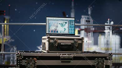 Empty computer displays predictive maintenance dashboard on offshore drilling