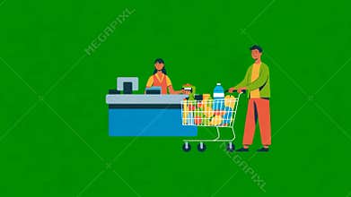 Grocery Shopping Scene with Cashier and Customer supermarket