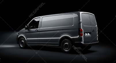 Sleek gray delivery van with glowing accents parked against a dark studio background