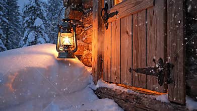 Snow-covered Cabin Door Opening with Lantern Warm Glow