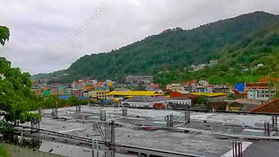 Panoramic view tropical landscape mountains city Patong Beach Phuket Thailand