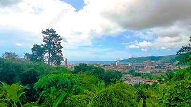 Panoramic view tropical landscape mountains city Patong Beach Phuket Thailand
