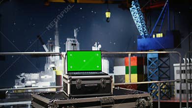 Green screen on laptop supporting offshore drilling rig calibration