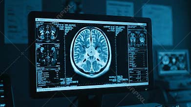 MRI Scan Analysis on Computer Screen in Dimly Lit Room Showing Brain Cross Sections for Medical Research Applications and