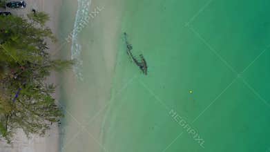 Koh Rong beach coastline Sunken boat jungle. Nice aerial view flight drone