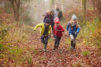 Family Walking Through Winter Woodland