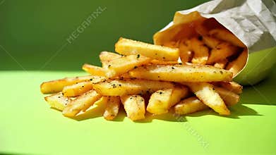 Pile of Golden French Fries Overflowing from Paper Bag on Green Surface