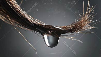 Water Droplet Accumulating and Dripping from Brown Hair Strands Against Dark Background for Hair Care and Beauty Product