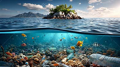Stunning underwater island transition highlighting marine pollution and vibrant coral life in ocean, waste and sea