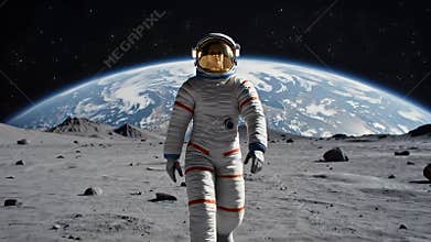 Astronaut walking on moon with Earth behind