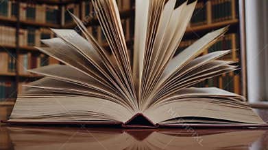 Open book on wooden table library, slow page motion and warm lamp glow; closeups of fanned pages, dusty bindings