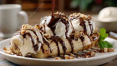 Mouthwatering Banana Split Dessert with Creamy Vanilla Ice Cream and Rich Chocolate Sauce Pouring