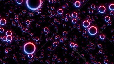Seamlessly looped animation of moving through abstract field of glowing neon circles in dark space
