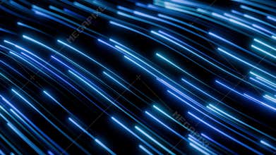 Abstract technology background with flow of glowing blue light streaks with wavy motion in the dark