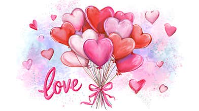 Watercolor Heart-Shaped Balloons Bouquet with the word Love. Romantic Valentine Celebration card Clipart. Watercolor