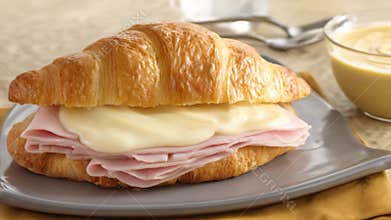 A croissant sandwich with ham and melted cheese on a gray plate. Coffee and utensils are blurred in the background