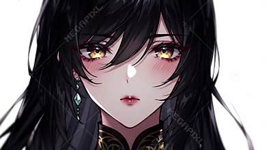 Enigmatic Dark-Haired Anime Woman with Golden-Red Eyes and Blushing Expression in a Close-Up Portrait