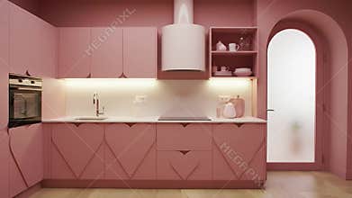 Dreamy Pastel Pink Kitchen With Geometric Cabinetry and Soft Arched Window