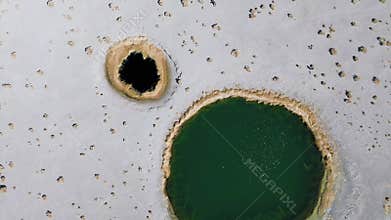 Aerial view of Ojos de Campo in the Antofalla salt flat, Catamarca