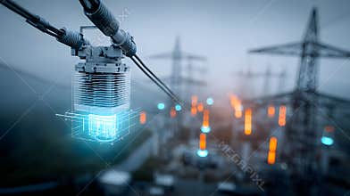 High voltage transformer component with glowing digital overlay above power substation dusk, conveying energy distribution