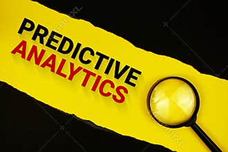 Predictive Analytics text on yellow with black paper torn ripped and magnifying glass