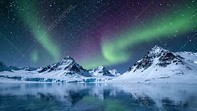 Dynamic celestial light show unfolding across the vast, dark polar sky, showcasing vibrant green and purple auroral displays.