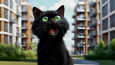 A surprised black cat lost in the big city