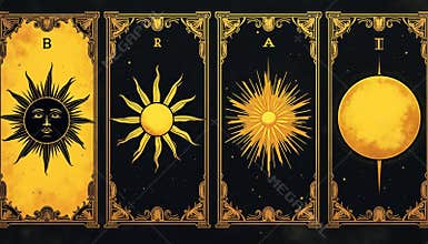 Four tarot cards featuring sun illustrations and decorative gold borders against a starry black background. Each card shows a