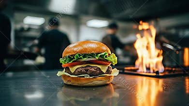 Appetizing Cheeseburger with Toppings on Metal Surface in Commercial Kitchen with Flame Broiler and Blurred Chef During Food