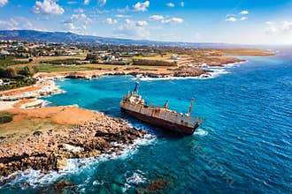 Abandoned Edro III Shipwreck at seashore of Peyia, near Paphos, Cyprus. Historic Edro III Shipwreck site on the shore of the water