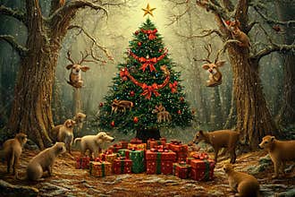Magic of Christmas in a forest surrounded by joyful animals and gifts