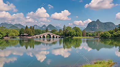 Natural scenery of mountains, rivers, lakes, stone bridges, Generative AI