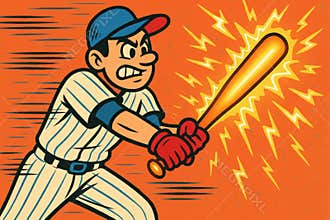 Dynamic Cartoon Baseball Player with Electrifying Bat Swing