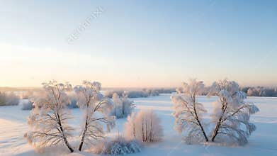 Frozen winter landscape with snow-covered trees.