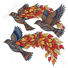 Colorful Autumn Birds in Flight with Intricate Feather Patterns