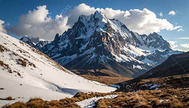 Winter Mountain Landscape with Snowy Valley and Dry Tundra Grass Background