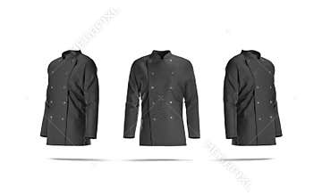 Blank black chef jacket with buttons mockup, front and side
