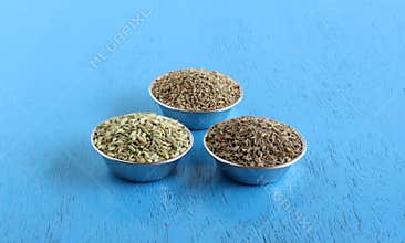 Carom seeds, Caraway Seeds and Fennel Seeds in Bowls