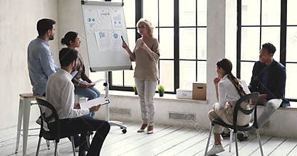 Professional mature female business trainer explaining marketing developing strategy.