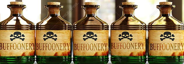 Buffoonery can be like a deadly poison - pictured as word Buffoonery on toxic bottles to symbolize that Buffoonery can be