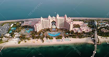 Dubai, United Arab Emirates - June 5, 2019: Atlantis hotel at the Palm island in Dubai aerial view