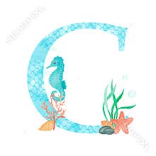 English alphabet Letter A Monogram with watercolor marine design - seahorse seaweed coral starfish. Isolated on white