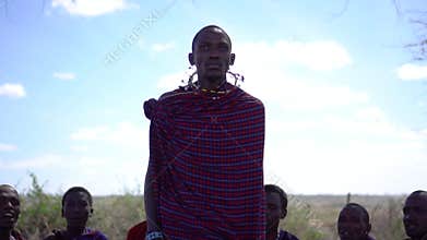 Maasai Tribe Men in Jumping Dance, Slowmotion. African Ethnic Group in Savannah
