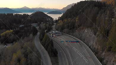 WEST VANCOUVER, BC, CANADA - APR 18, 2020: The Horseshoe Bay ferry terminal as seen from the air which is almost empty due to a ma