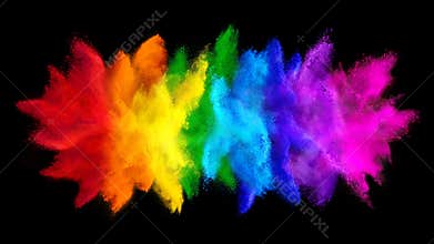 Colorful rainbow holi paint color big  double powder explosion isolated dark black wide panorama background. peace rgb beautiful