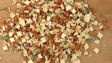 dried soup vegetables rotating and zooming out. Spices and food ingredients