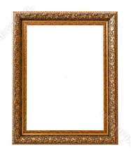 Beautiful golden picture frame vintage carved gilded border antique for interior decoration on white background, Concept gallery