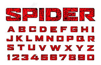 Spider font. Spiderman alphabet. Black letters on Red background.